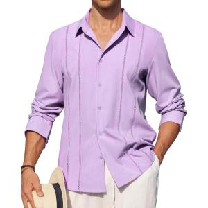 Alimens & Gentle Mens Cuban Guayabera Shirt Button Down Long Sleeve Summer Beach(18-light Purple)