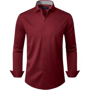 Alimens & Gentle Mens Dress Shirts Casual Long Sleeve Wrinkle Free Stretch Club Prom Party Button Down Shirt with Pocket(Burgundy)