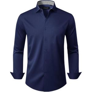 Alimens & Gentle Mens Dress Shirts Casual Long Sleeve Wrinkle Free Stretch Club Prom Party Button Down Shirt with Pocket(Navy Blue)