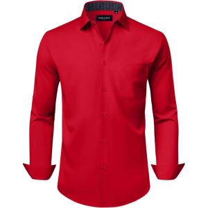 Alimens & Gentle Mens Dress Shirts Casual Long Sleeve Wrinkle Free Stretch Club Prom Party Button Down Shirt with Pocket(Red)