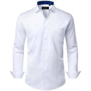Alimens & Gentle Mens Dress Shirts Casual Long Sleeve Wrinkle Free Stretch Club Prom Party Button Down Shirt with Pocket(White-royal Blue)