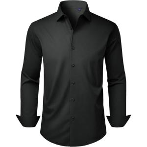 Alimens & Gentle Men’s Dress Shirts Long Sleeve Stretch Wrinkle Free Business Casual Button Down Shirt(Black)