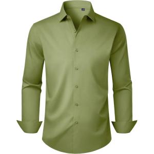 Alimens & Gentle Men’s Dress Shirts Long Sleeve Stretch Wrinkle Free Business Casual Button Down Shirt(Olive Green)