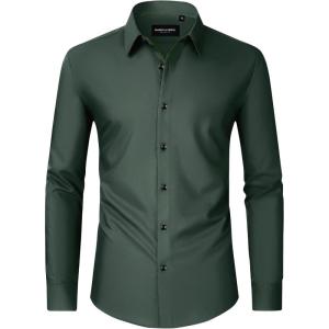 Alimens & Gentle Men’s Dress Shirts Long Sleeve Wrinkle Free Stretch Business Casual Wedding Button Down Shirt(Dark Green)