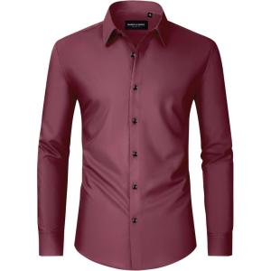 Alimens & Gentle Men’s Dress Shirts Long Sleeve Wrinkle Free Stretch Business Casual Wedding Button Down Shirt(Dark Red)