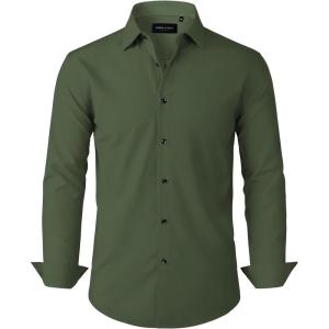 Alimens & Gentle Mens Dress Shirts Stretch Long Sleeve Formal Business Wedding Button Down Shirt Wrinkle Free(Army Green)