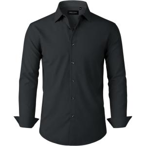 Alimens & Gentle Mens Dress Shirts Stretch Long Sleeve Formal Business Wedding Button Down Shirt Wrinkle Free(Black)