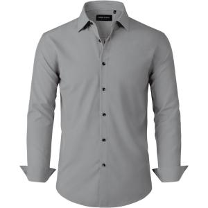 Alimens & Gentle Mens Dress Shirts Stretch Long Sleeve Formal Business Wedding Button Down Shirt Wrinkle Free(Grey)