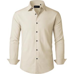 Alimens & Gentle Mens Dress Shirts Stretch Long Sleeve Formal Business Wedding Button Down Shirt Wrinkle Free(Khaki)