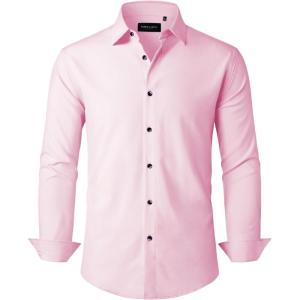 Alimens & Gentle Mens Dress Shirts Stretch Long Sleeve Formal Business Wedding Button Down Shirt Wrinkle Free(Pink)