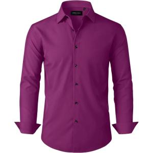 Alimens & Gentle Mens Dress Shirts Stretch Long Sleeve Formal Business Wedding Button Down Shirt Wrinkle Free(Purple Red)