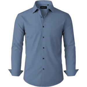 Alimens & Gentle Mens Dress Shirts Stretch Long Sleeve Formal Business Wedding Button Down Shirt Wrinkle Free(Steel Blue)
