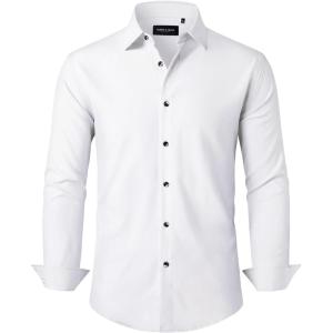 Alimens & Gentle Mens Dress Shirts Stretch Long Sleeve Formal Business Wedding Button Down Shirt Wrinkle Free(White)