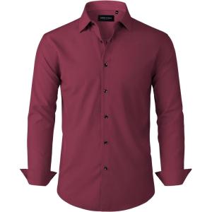 Alimens & Gentle Mens Dress Shirts Stretch Long Sleeve Formal Business Wedding Button Down Shirt Wrinkle Free(Wine Red)