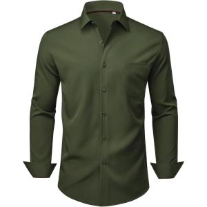 Alimens & Gentle Mens Dress Shirts Stretch Long Sleeve Wrinkle Free Business Casual Button Down Shirt for Wedding(Army Green)