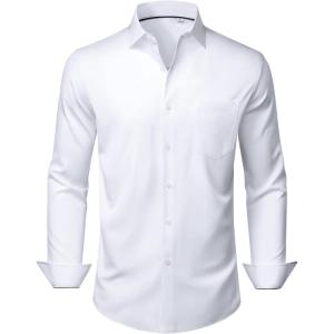 Alimens & Gentle Mens Dress Shirts Stretch Long Sleeve Wrinkle Free Business Casual Button Down Shirt for Wedding(White)