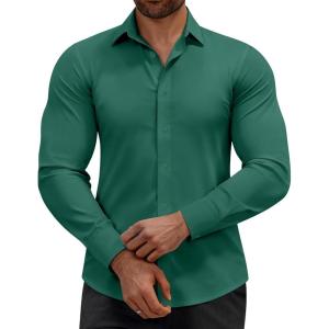 Alimens & Gentle Mens Dress Shirts Stretch Muscle Fit Wrinkle Free Long Sleeve Button Down Shirt Casual Business Formal Shirt(Green)