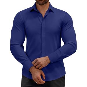 Alimens & Gentle Mens Dress Shirts Stretch Muscle Fit Wrinkle Free Long Sleeve Button Down Shirt Casual Business Formal Shirt(Navy Blue)