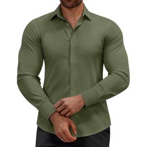 Alimens & Gentle Mens Dress Shirts Stretch Muscle Fit Wrinkle Free Long Sleeve Button Down Shirt Casual Business Formal Shirt(Olive)