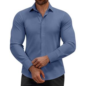 Alimens & Gentle Mens Dress Shirts Stretch Muscle Fit Wrinkle Free Long Sleeve Button Down Shirt Casual Business Formal Shirt(Steel Blue)