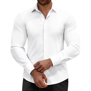 Alimens & Gentle Mens Dress Shirts Stretch Muscle Fit Wrinkle Free Long Sleeve Button Down Shirt Casual Business Formal Shirt(White)
