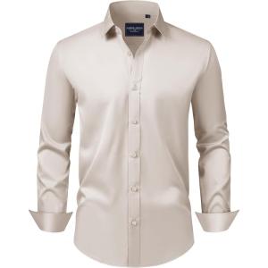 Alimens & Gentle Men’s Dress Shirts Transitional Weather Long Sleeve Stretch Wrinkle-Free Button Down Top(Beige)