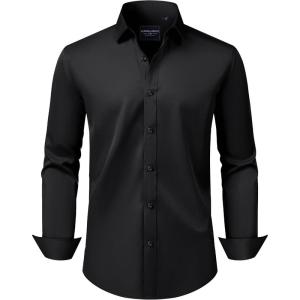 Alimens & Gentle Men’s Dress Shirts Transitional Weather Long Sleeve Stretch Wrinkle-Free Button Down Top(Black)