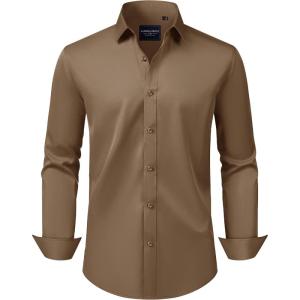 Alimens & Gentle Men’s Dress Shirts Transitional Weather Long Sleeve Stretch Wrinkle-Free Button Down Top(Dark Khaki)
