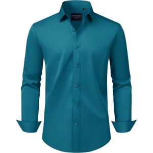 Alimens & Gentle Men’s Dress Shirts Transitional Weather Long Sleeve Stretch Wrinkle-Free Button Down Top(Teal)