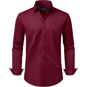 Alimens & Gentle Men’s Dress Shirts Transitional Weather Long Sleeve Stretch Wrinkle-Free Button Down Top(Wine Red)