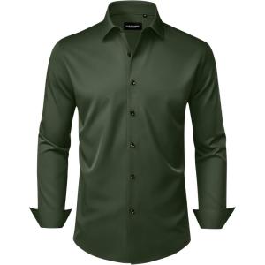 Alimens & Gentle Men’s Dress Shirts Wrinkle Free Stretch Solid Long Sleeve Button Down Shirt Wedding Dating(Army Green)