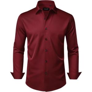 Alimens & Gentle Men’s Dress Shirts Wrinkle Free Stretch Solid Long Sleeve Button Down Shirt Wedding Dating(Burgundy Red)