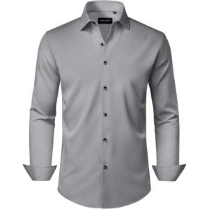 Alimens & Gentle Men’s Dress Shirts Wrinkle Free Stretch Solid Long Sleeve Button Down Shirt Wedding Dating(Grey)