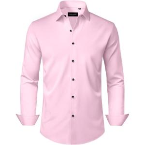 Alimens & Gentle Men’s Dress Shirts Wrinkle Free Stretch Solid Long Sleeve Button Down Shirt Wedding Dating(Pink)