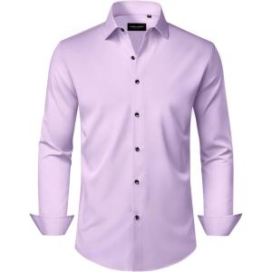Alimens & Gentle Men’s Dress Shirts Wrinkle Free Stretch Solid Long Sleeve Button Down Shirt Wedding Dating(Pink Purple)