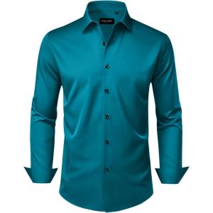 Alimens & Gentle Men’s Dress Shirts Wrinkle Free Stretch Solid Long Sleeve Button Down Shirt Wedding Dating(Teal)