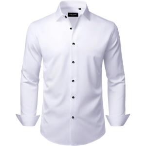 Alimens & Gentle Men’s Dress Shirts Wrinkle Free Stretch Solid Long Sleeve Button Down Shirt Wedding Dating(White)