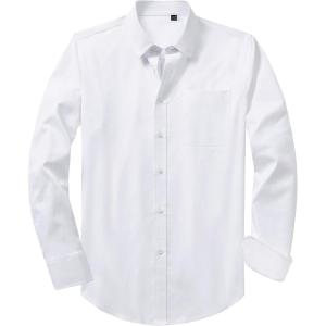 Alimens & Gentle Mens Oxford Shirt Solid Stretch Dress Shirts Casual Business Long Sleeve Button Down Shirt with Pocket(All White)