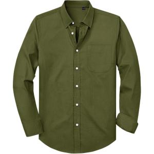 Alimens & Gentle Mens Oxford Shirt Solid Stretch Dress Shirts Casual Business Long Sleeve Button Down Shirt with Pocket(Olive Green)