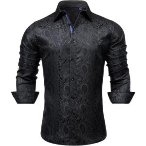 Alimens & Gentle Mens Paisley Dress Shirt Long Sleeve Luxury Button Down Floral Shirt Party Casual Wedding(Black)