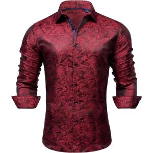 Alimens & Gentle Mens Paisley Dress Shirt Long Sleeve Luxury Button Down Floral Shirt Party Casual Wedding(Black Red)