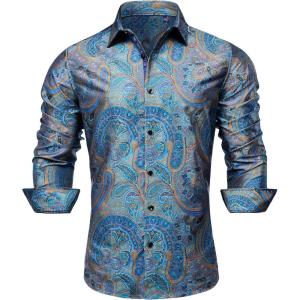 Alimens & Gentle Mens Paisley Dress Shirt Long Sleeve Luxury Button Down Floral Shirt Party Casual Wedding(Blue)