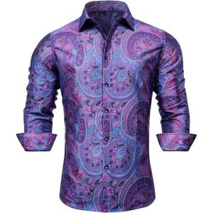 Alimens & Gentle Mens Paisley Dress Shirt Long Sleeve Luxury Button Down Floral Shirt Party Casual Wedding(Purple Blue)