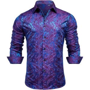 Alimens & Gentle Mens Paisley Dress Shirt Long Sleeve Luxury Button Down Floral Shirt Party Casual Wedding(Purple Teal)