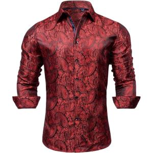 Alimens & Gentle Mens Paisley Dress Shirt Long Sleeve Luxury Button Down Floral Shirt Party Casual Wedding(Red)