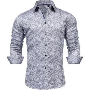 Alimens & Gentle Mens Paisley Dress Shirt Long Sleeve Luxury Button Down Floral Shirt Party Casual Wedding(Silver)