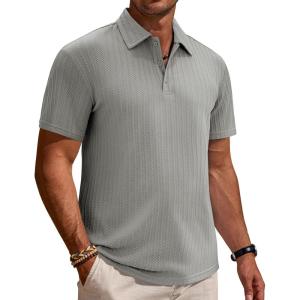 Alimens & Gentle Mens Polo Shirts Short Sleeve Textured Knit Casual Beach Vacation Stretchy Golf Shirts(Grey)