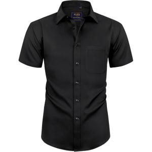 Alimens & Gentle Mens Short Sleeve Dress Shirts Wrinkle Free Solid Casual Button Down Shirts with Pocket(All Black)