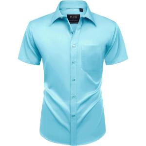 Alimens & Gentle Mens Short Sleeve Dress Shirts Wrinkle Free Solid Casual Button Down Shirts with Pocket(Aquamarine Blue)