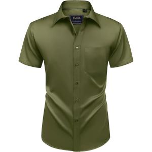 Alimens & Gentle Mens Short Sleeve Dress Shirts Wrinkle Free Solid Casual Button Down Shirts with Pocket(Army Green)